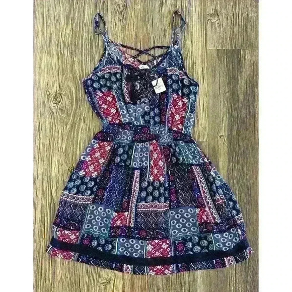 Hollister Patchwork Dress Womens Jrs M Blue Pink Adjustable Straps Elastic Waist - Picture 1 of 10